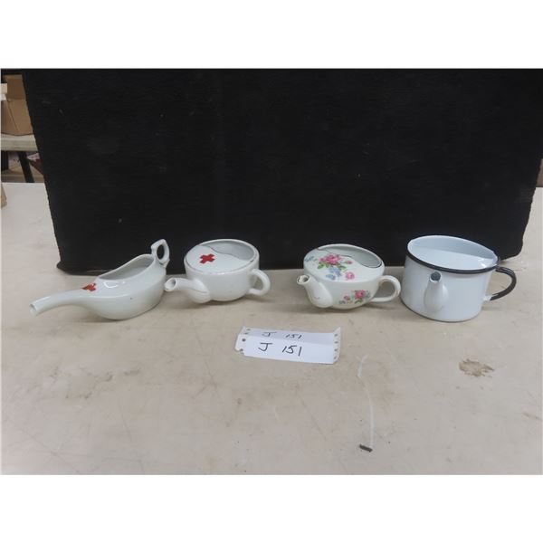 3 Ceramic And 1 Enamel Medical Feeding Cup Including 2 Red Cross