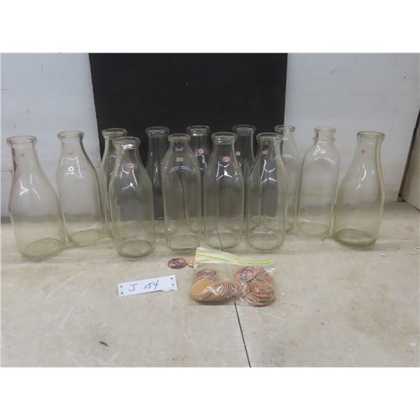13 Vintage Glass Milk Bottles And Cardboard Caps