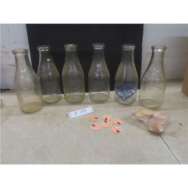 6 Vintage Glass Milk Bottles: CCC, Standard, City, Sundale Creameries And Milk Caps