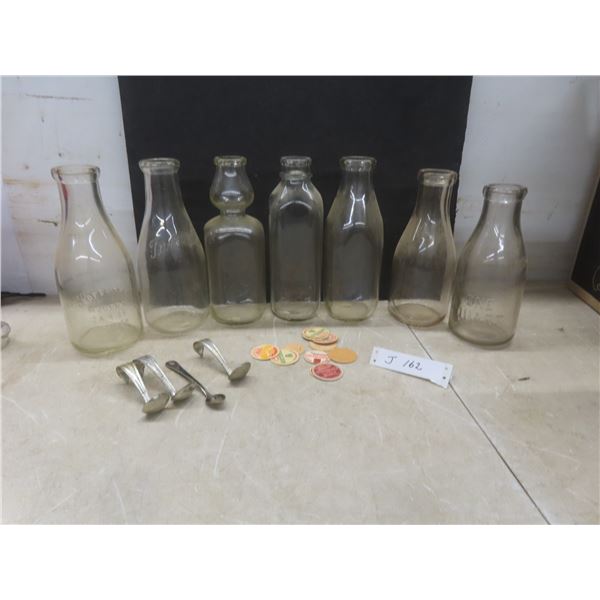 7 Vintage Milk Bottles: Modern, Turners With Cardboard Caps, Cream Top Spoons And Silver Plated Ger
