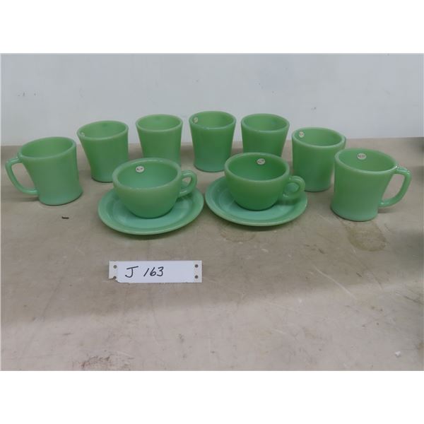 Fire King Jadite: 7 Coffee Mugs And 2 Tea Cups With Saucers