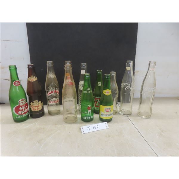 12 Vintage Soda Bottles: Sun-Rise, Hi-Spot, Drewrys, Coke, Dr Pepper