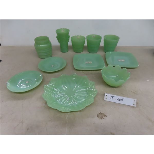 11 Pieces Jadite: Bread And Butter Plates, Vases, Saucers