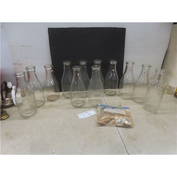 12 Glass Milk Bottles And Cardboard Caps