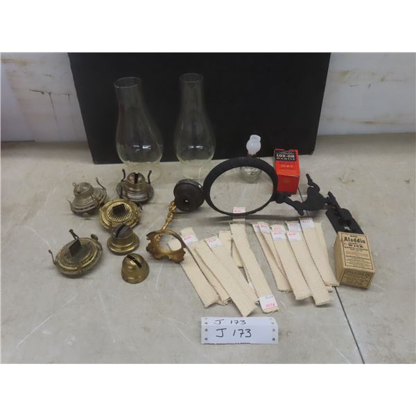 2 Lamp Chimneys, Wicks, Oil Burners, Metal Wall Mount Bracket, Aladdin Mantle Empty Box