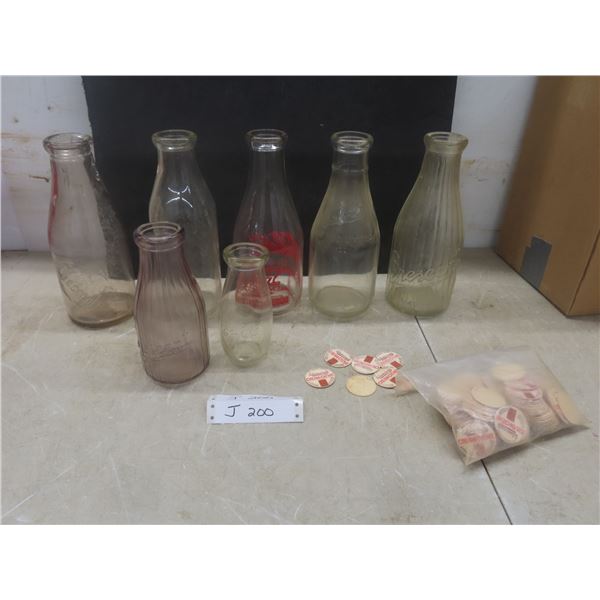 5 Milk Bottles: Crescent, Crystal And 2 Creamers: Elmhurst Dairy With Cardboard Tops