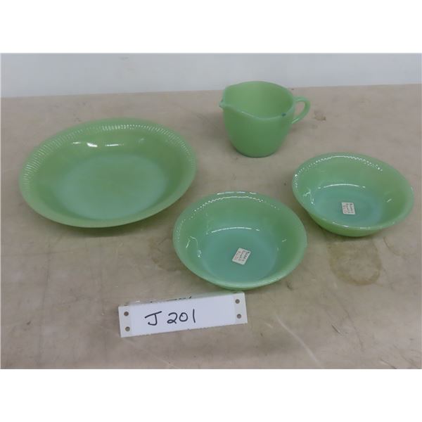 4 Pieces Jadite: Fruit Nappies, Creamer, Salad Dish