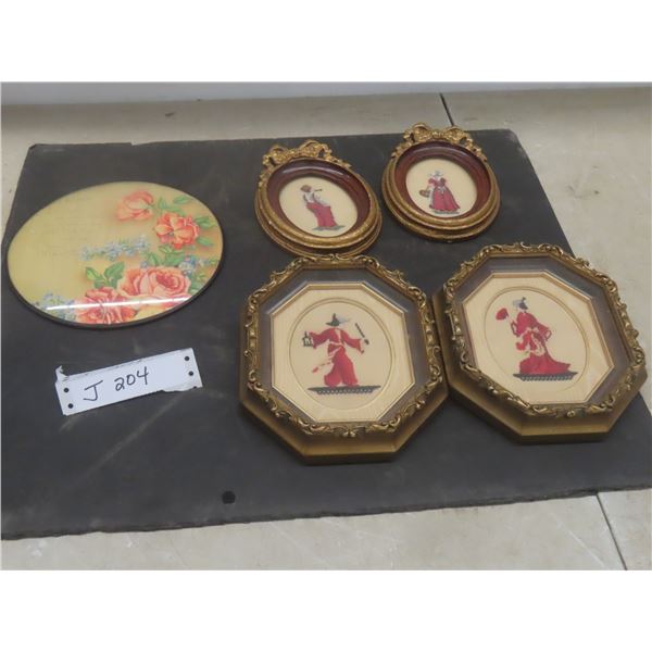 4 Framed Needlepoint Pictures, Largest 7 1/2" x 6", And Slogan Picture "Man"