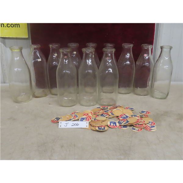 12 Glass Milk Bottles And Cardboard Caps