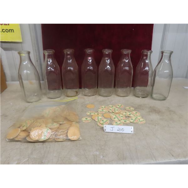 8 Glass Milk Bottles And Cardboard Caps