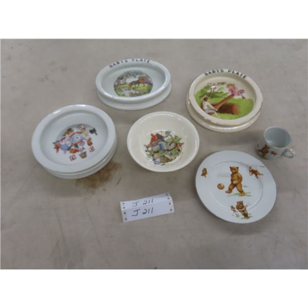 Vintage Porcelain Baby Dishes: Porridge Bowl, Plate, And Cup