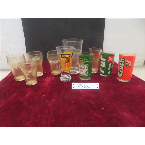 4 Coca-Cola Glasses, 7 Up, Ginger Ale, Drewrys, Squirrel Peanut Butter, Orange Crush Glasses
