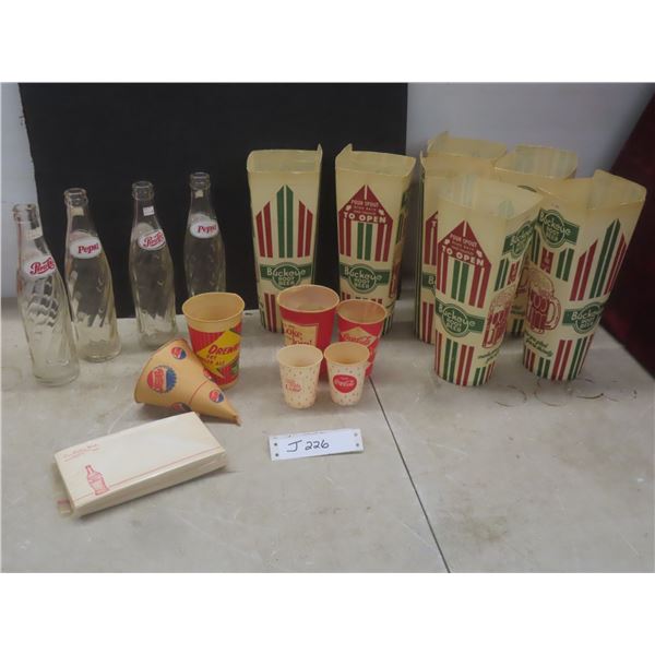 4 Pepsi Bottles, Zero Bottling Works Winnipeg Envelopes, Waxed Disposable Cups, 6 Buckeye Root Beer 