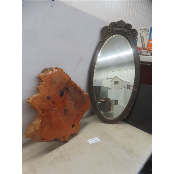 Vintage Burl Wood Slab Wall Clock 24" x 27", Missing Some Numbers & Framed Beveled Mirror 42" x 21"