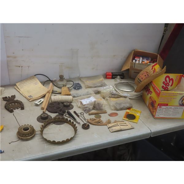 Drawer Hardware, Vintage Radio Tubes, Capacitors, Diodes, Whisk Broom, Cast Good Cook Horseshoe, Oi