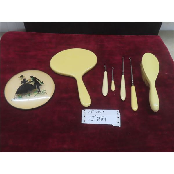 6 Piece French Ivory Dresser Set, Silhouette Picture 6" Diameter