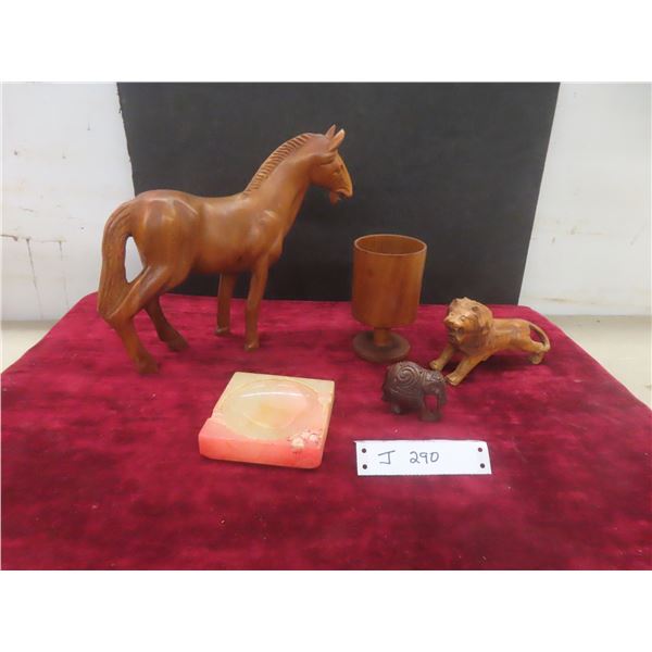Hand Carved Wooden Horse 9 1/2" Tall, Goblet, Lion, Elephant & Onyx Marble Ashtray