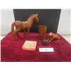 Image 1 : Hand Carved Wooden Horse 9 1/2" Tall, Goblet, Lion, Elephant & Onyx Marble Ashtray