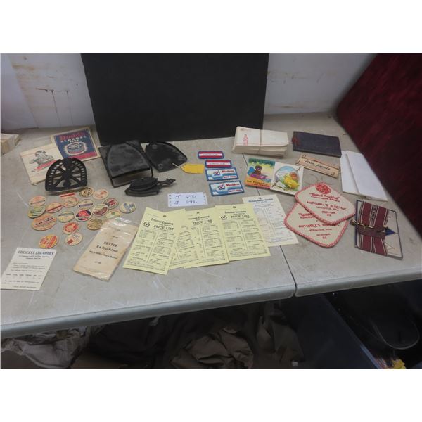 Sad Iron Rests, Salesman Iron Sample, Crescent Creamery Price List, Zero Bottling Works Envelopes,