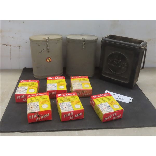 Vintage Cylindrical Containers For Electrical Equipment, Radio-A-Battery Case, And 6 Fire Alarms
