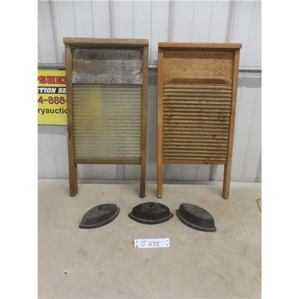 2 Antique Wash Boards And 3 Sad Irons