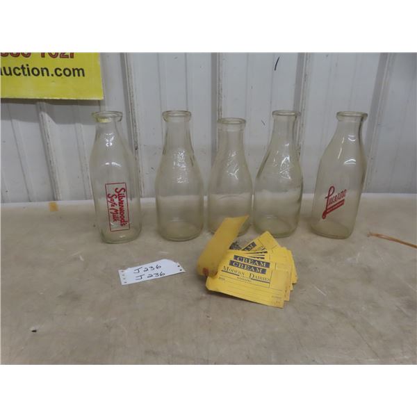 5 Milk Bottles With Embossed Imprint: Coop, Crescent, Lucerne, Silverwood, Tap From Modern Dairies