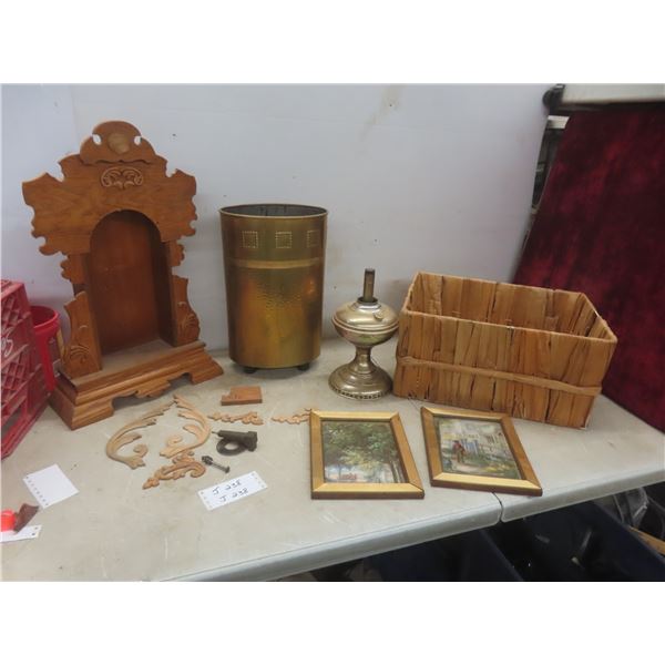 Hand-Woven Basket, Brass Hammered Planter, Two Pictures, Gingerbread-Style Clock Shell