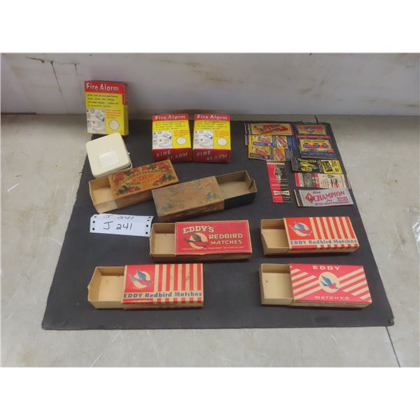 3 Antique Fire Alarms, Matchbook Covers, And 6 Empty Eddy’s Matches Boxes