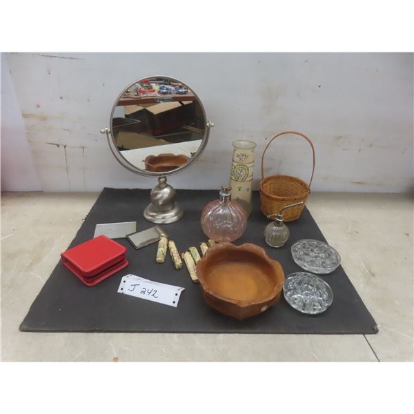 Vintage Perfume Bottles, Candle Holder, Vanity Mirror, Hand-Painted Vase, Bobby Pins And More