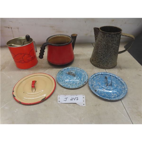 5 Pieces Enamelware: Coffee Pots, Three Lids, Flour Sifter