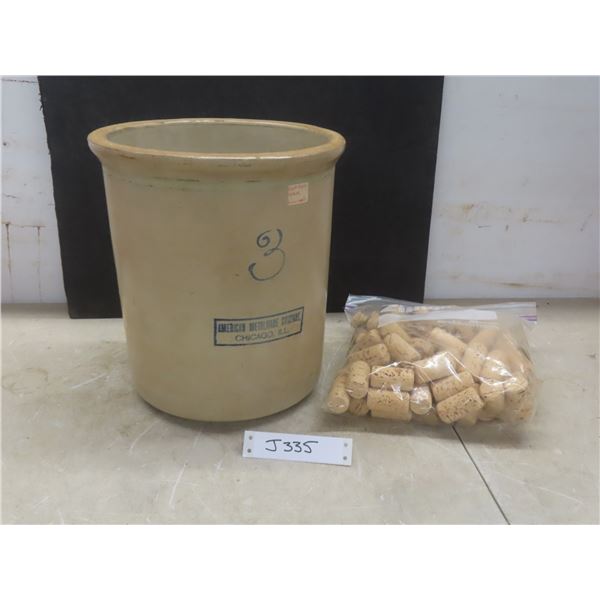 Stoneware 3 Gallon Crock American Metalware Co. Chicago w/ 1" Hole in Bottom & Bag of Corks
