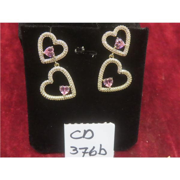 New 14K Gold Plated 1.0 tcw Each Heart Cut Pink Simulated Diamond (CZ) Heart Dangle Earrings