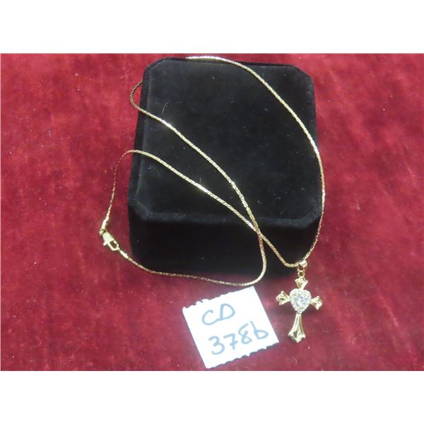 New 18K Gold Plated 0.5 ct Heart Cut Simulated Diamond (CZ) Cross Necklace Chain 19 Inches