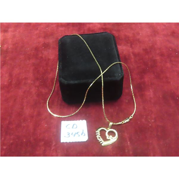 New 18K Gold Plated 30.0 mm Simulated Diamond (CZ) MOM Heart Necklace Chain 19"
