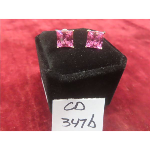New 18K Gold Plated 4.0 ct Each Princess Cut Pink Simulated Diamond (CZ) Stud Earrings