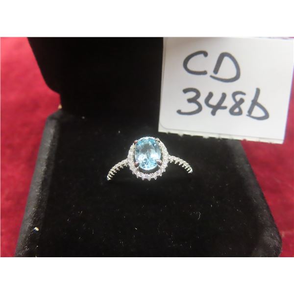 New 925 Oval Cut Natural Swiss Blue Topaz Halo Ring Resizable Mounted in Sterling Silver With White