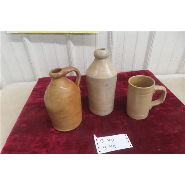 3 Stoneware Items Salt Glazed Ginger Beer Bottle Small Jug And Beer Mug
