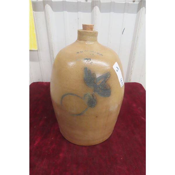 19th Century Salt Glazed Stoneware Jug With Cobalt Floral Decoration 2 Gallon