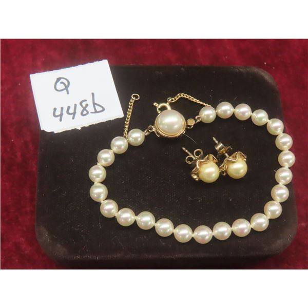 Pearl Bracelet 8 Inches Long & Stud Earrings Set in 925 Silver With Gold Plate TW: 15 grams