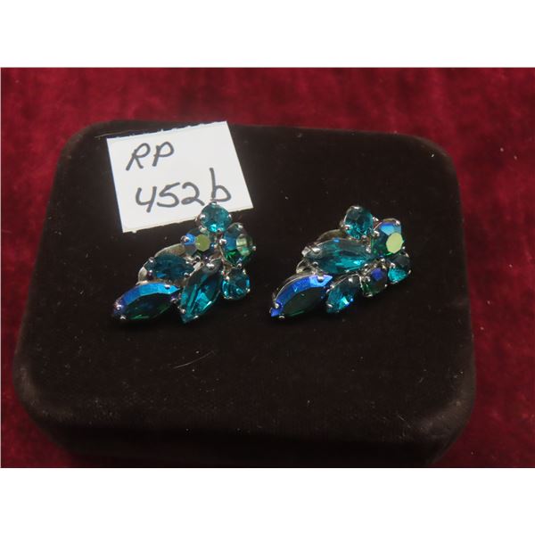 Vintage Sherman Blue Aurora Borealis Clip On Earrings