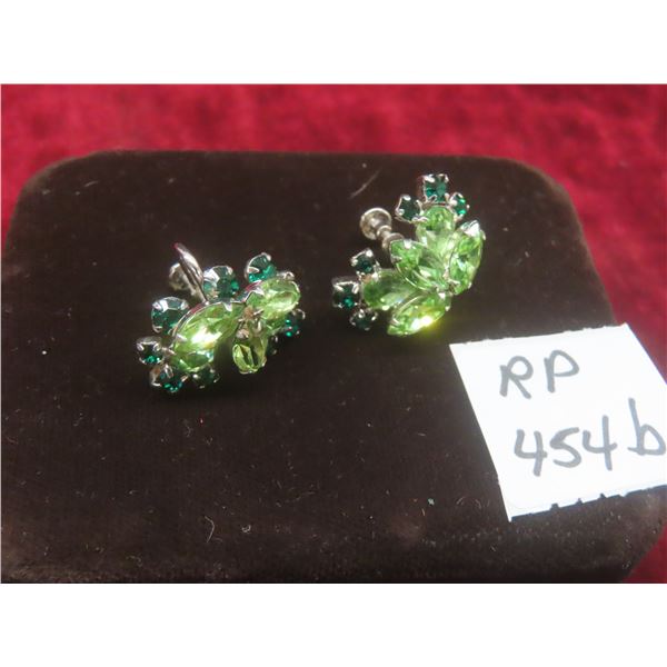 Vintage Sherman Green Rhinestone Clip On Earrings