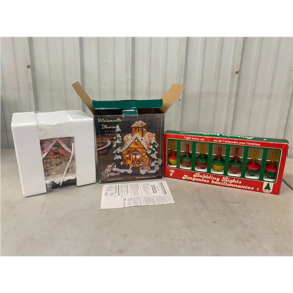 Lighted Gingerbread House Display + 7 Bubbling Lights in Case