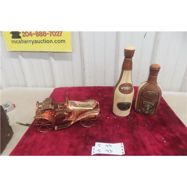 2 Decanters w/ Cow Hide, Copper Tin Lizzie Ornament