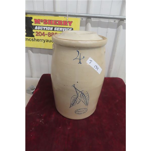 Red Wing 4 Gallon Stoneware Butter Churn Birch Leaf Blue Turn Of Century