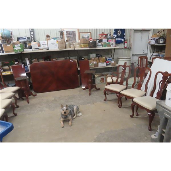 Double Pedestal Dining Table With Two 15" Leaves And 8 Chairs, 43" x 84" x 30"