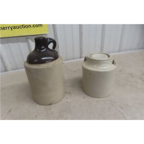 2 Stoneware Items Jug And Pickle Crock With Lid