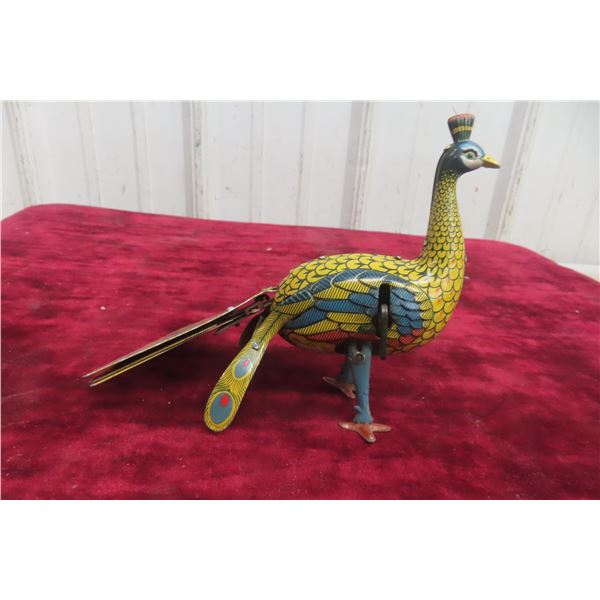 Vintage Alps Occupied Japan Wind-Up Tin Litho Peacock
