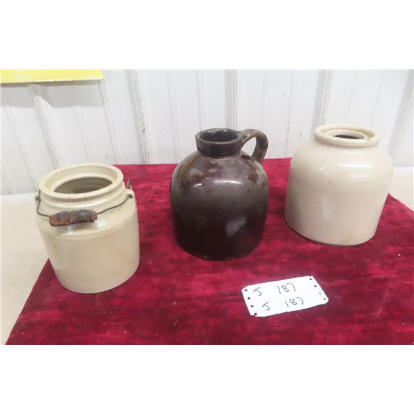 3 Stoneware Crocks And 1/2 Gal Jug With Lid, Including One Red Wing