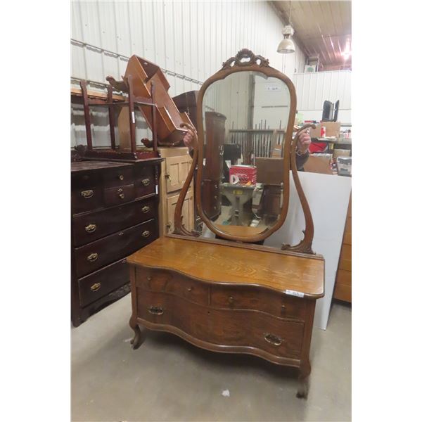 Oak Dresser With Mirror, Serpentine Front, 27" x 48" x 24"