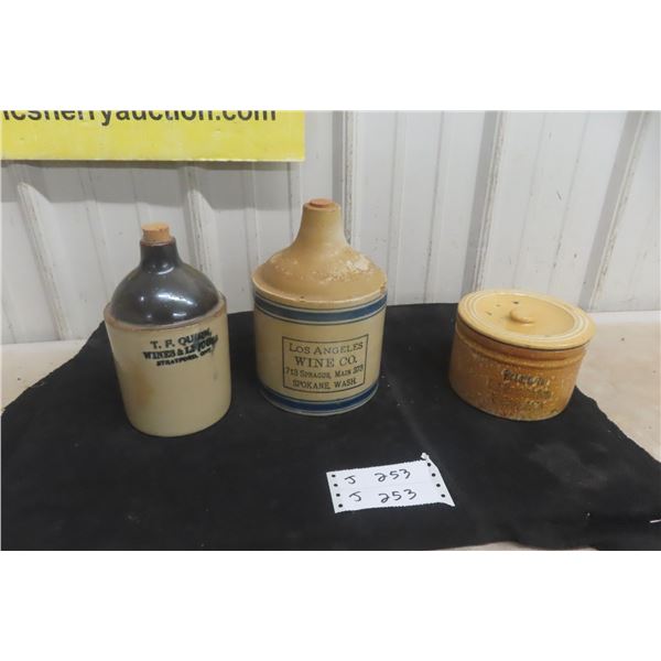 ADV Stoneware Jug And Crock Trough 1 Gallon Jug LA Wine Co Broken Finger Hole And Crock Lid